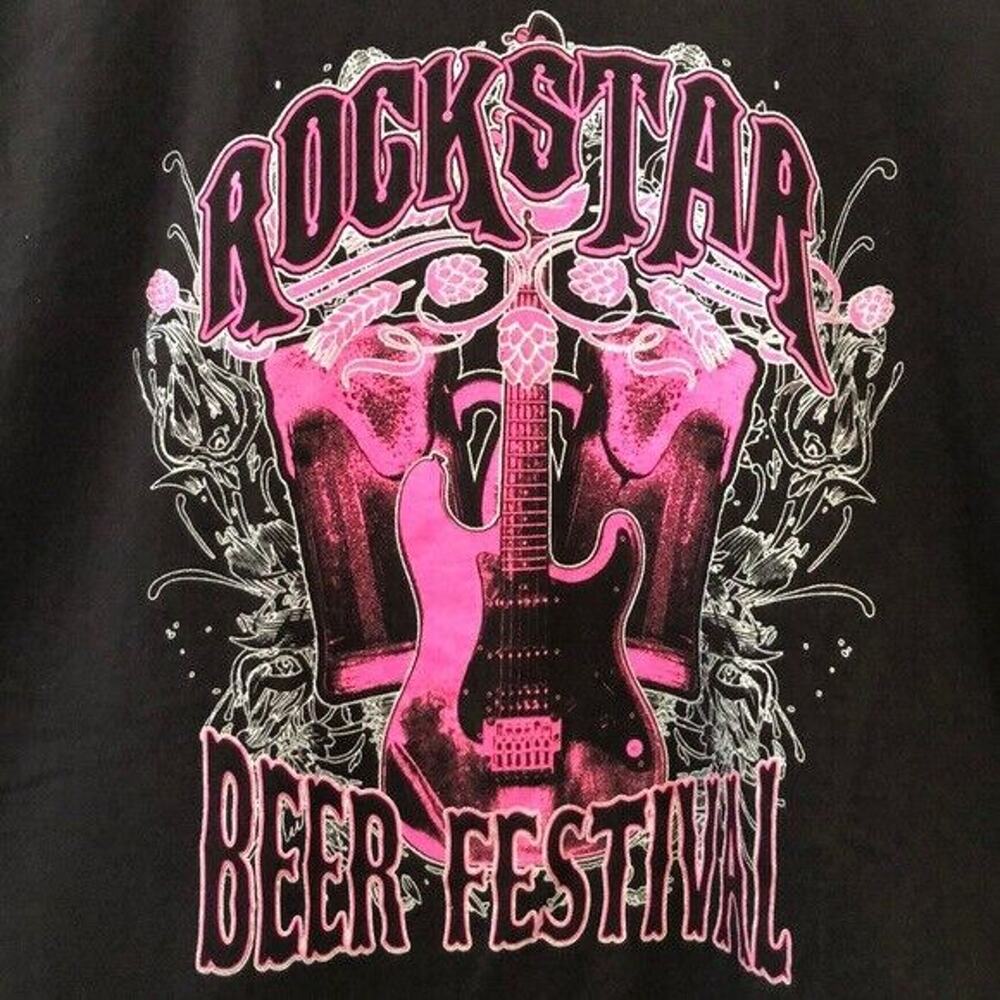 Rockstar Beer Festival Rock n roll guitar tee T Shirt Men’s Size M Black‎ Pink
